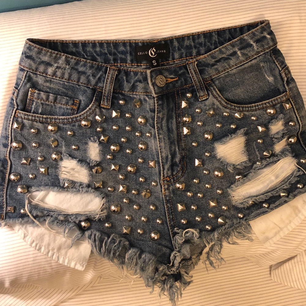 Cello Blue Distressed Jean Shorts with Studs